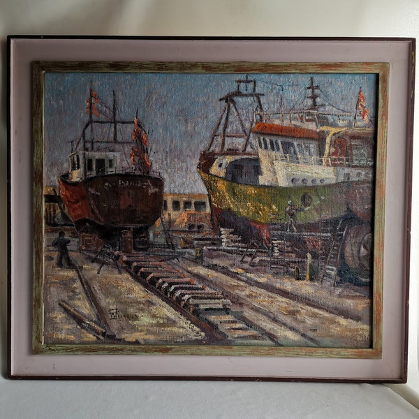 Vintage original oil painting boat yard with ships by W Siliakus in frame 1960 Oil on canvas | Painting shipyard | Painting ship industry