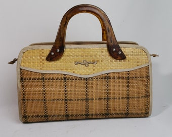 Vintage wicker bag blue check and faux horn handles 1960s Spacious sixties ladies handbag made of braided woven wicker | Retro sixties bag