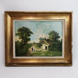 Antigua pintura original de granja o establo entre los árboles según CE Ahrendts en marco dorado Siglo XIX Óleo sobre lienzo y cartón