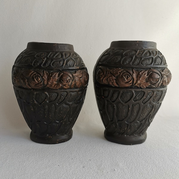 Antique pair small ceramic vases in brown black and copper with floral design 1910s Art Nouveau Jugendstil | Small antique vases flowers