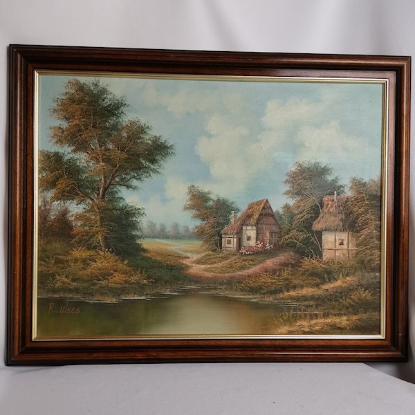 Vintage grandes fermes originales de peinture à l'huile dans les bois dans un cadre marron des années 1980 Huile sur panneau | Paysage avec maisons et arbres