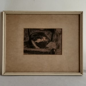 Antique original drawing cat in white frame 1960s Antique drawing cat | Antique cat drawing