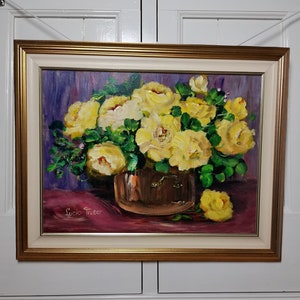 Vintage original oil painting flower still life with yellow flowers in copper pan Lucia Truter in frame 1990 Oil on panel Flowers