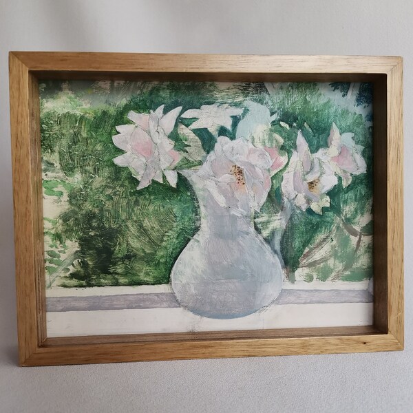 Small vintage original oil painting flowers rosehips Grada Bouman in wooden frame 2000s Oil on panel | Small floral painting in frame