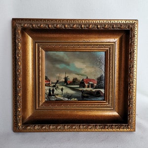 Klein vintage origineel olieverf schilderij winterlandschap sneeuw ijs schaatsers molen huis J Eyckhof in lijst 1970s olie op paneel