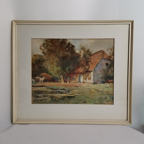 Antique original watercolor farm Adriaan Keus in cream frame 1940s Antique watercolor farm in landscape with trees and water framed