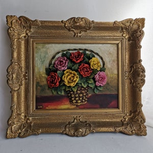 Peinture à l'huile antique Peinture 3D fleur nature morte dans un cadre doré années 1930 Huile sur panneau | Peindre des fleurs dans un panier panier de fleurs