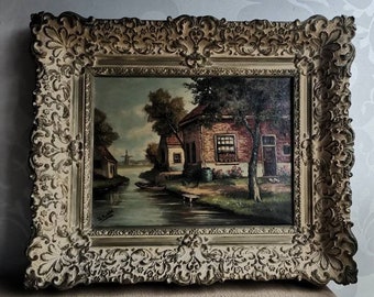 Antiek origineel olieverf schilderij boerderij olie op doek in ornamentlijst Dirk Kubbe 1930s Antiek ingelijst schilderij boerderij