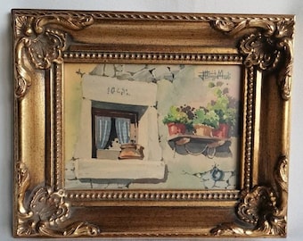Vintage watercolor facade with window curtain and plants Jordi LLucia Marti in gold ornament frame 1960s Framed watercolor facade plants