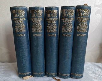 Set of antique books Henrik Ibsen Gesammelte Werke Volksausgabe in fünf Bänden 1900s Decorative blue books | Antique book set linen bound