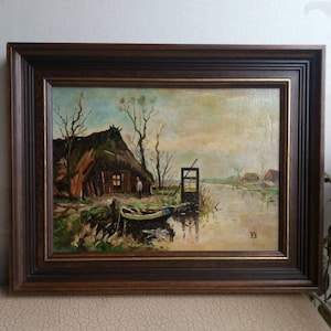 Antique original oil painting farm near the water 1920s signed B.W in frame | Oil on panel polder landscape with stable farm hut water well