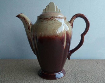 Antique two-tone Art Deco coffee or teapot 1920s Earthenware with a glossy dark brown and cream glaze | Decorative brown teapot