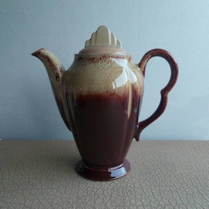 Antique earthenware coffee or teapot Brown with cream glaze art deco 1920s | large decorative vintage teapot | Antique brown pottery teapot