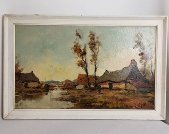 Antique original oil painting polder landscape with farms and trees W Didier in frame 1930s oil on cardboard | Dutch landscape