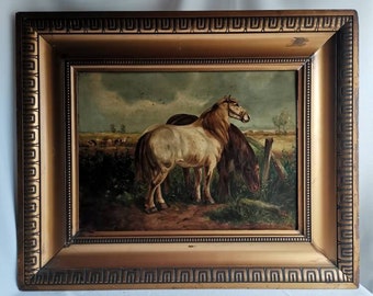 Antiek origineel olieverf schilderij paarden in de wei in goudkleurige lijst 19e eeuws Olie op paneel | Antiek paardenschilderij