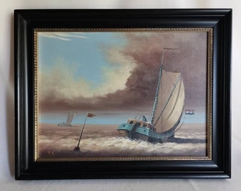 Vintage originale dipinto ad olio bomba chiatta barca a vela P.V. in cornice nera 1970 olio su tela | Rappresentazione nautica incorniciata