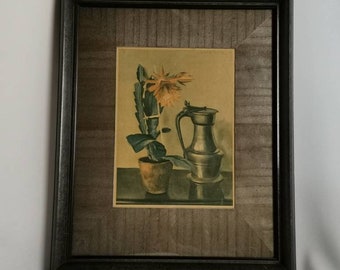 Antique print flowering cactus and acorn pitcher Willy Fleur in metallic gray black frame 1930s Art Deco reproduction painting cactus flower