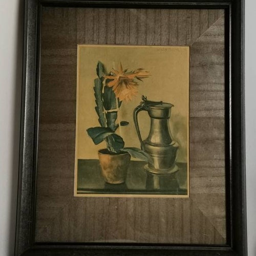 Antique print flowering cactus and acorn pitcher Willy Fleur in metallic shops gray black frame 1930s Art Deco reproduction painting cactus flower