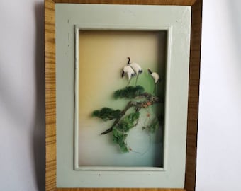Vintage Chinese shadow box with cranes tree and lianas 1950s Chinese panel cranes in tree | Chinese wall art 3D birds | Display case birds