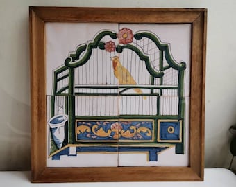 Antique tile panel bird in bird cage hand painted tiles in wooden frame 1900s Framed tiles canary in cage | Tiles Victorian bird cage