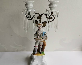Antique porcelain candelabra with standing figure with flower basket hand painted with crystals 1920s Antique candle holder for 2 candles