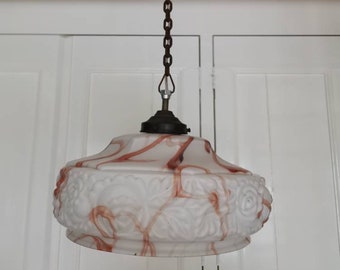 Antique opaline glass hanging lamp white with orange veins and floral pattern 1920s Art Deco marbled glass hanging lamp floral | Glass lamp