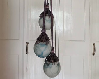 Antique Art Deco cascade hanging lamp with 3 marbled glass spheres with blue veins on lilac cord 1900s Victorian lamp glass globes balls