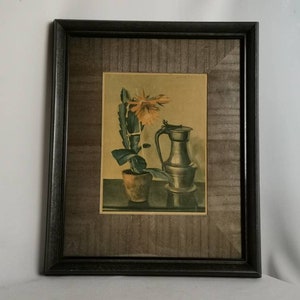 Stampa antica fioritura cactus e brocca di ghiande Willy Fleur in cornice nera grigio metallizzato 1930 Art deco riproduzione pittura fiore di cactus