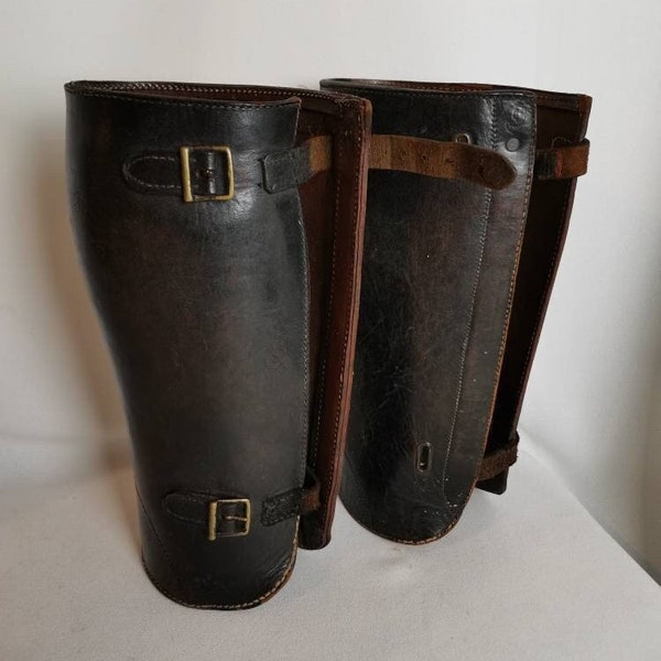 Antique brown leather gaiters caps with buckles 1940s Cavalry riders equestrian hunting | Antique Gaiters dark brown | Antique chaps