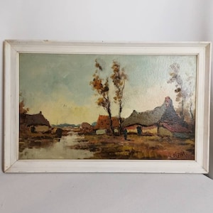 Antiguo paisaje de pólder de pintura al óleo original con granjas y árboles W Didier en marco Óleo de los años 30 sobre cartón | paisaje holandés
