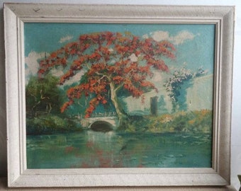 Antique original oil painting flowering bougainvillea Indonesia 1940s in white frame | Oil on canvas Indonesian blossom tree near water