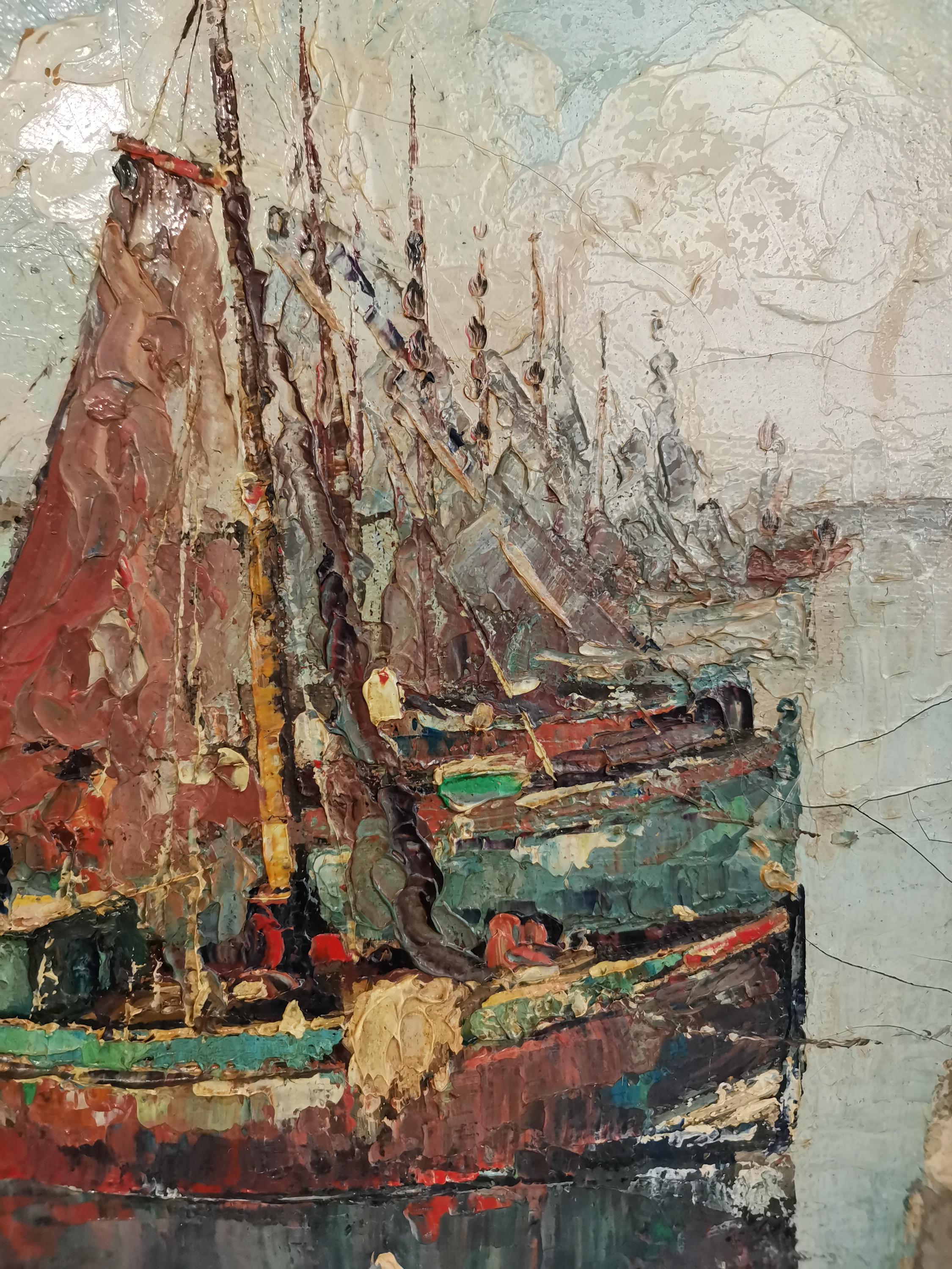 港に停泊する漁船を描いたアンティークのオリジナル絵画（額入り）1920