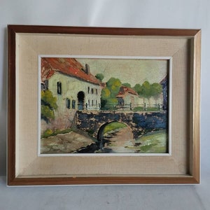 Antigua pequeña pintura al óleo original Hermanas de Orthenpoort en Den Bosch en marco 1940 óleo sobre tabla | Vista del pueblo antiguo