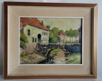 Antique small original oil painting Zusters van Orthenpoort in Den Bosch in frame 1940s oil on cardboard | Antique village view river