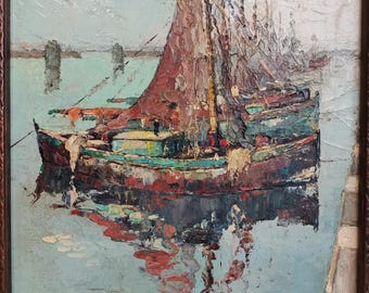 港に停泊する漁船を描いたアンティークのオリジナル絵画（額入り）1920