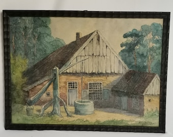 Large antique original watercolor stable with well and trees HA ten Broeke in ribbed wooden frame 1920s Antique watercolor farmhouse
