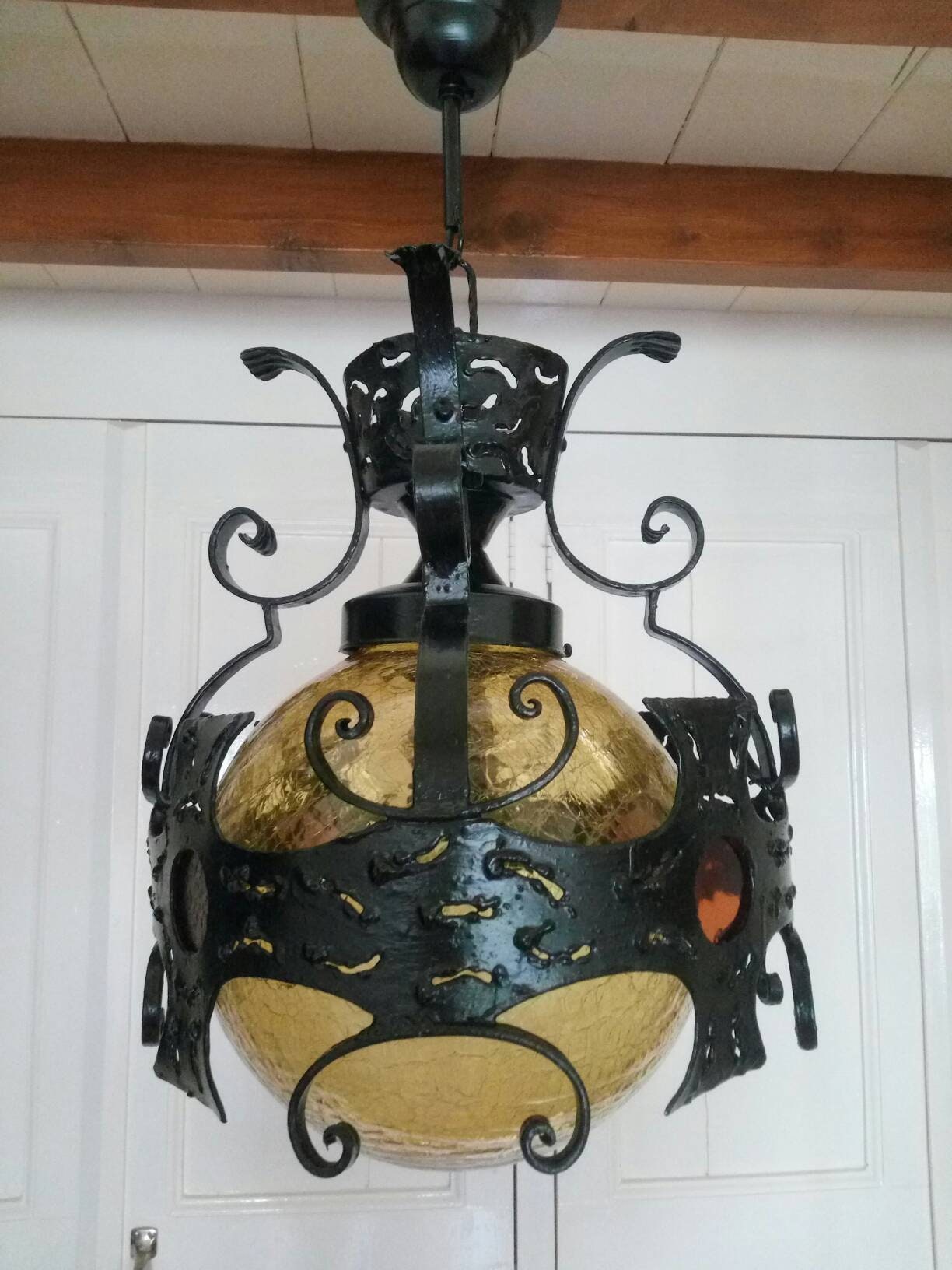 Large Vintage Black Wrought Iron Hanging Lamp With Yellow - Etsy