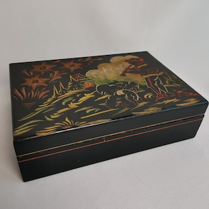 Antique wooden sewing box or jewelry box with chip carving and colorful painting edelweiss sheep shepherd 1920s Folk art sewing box