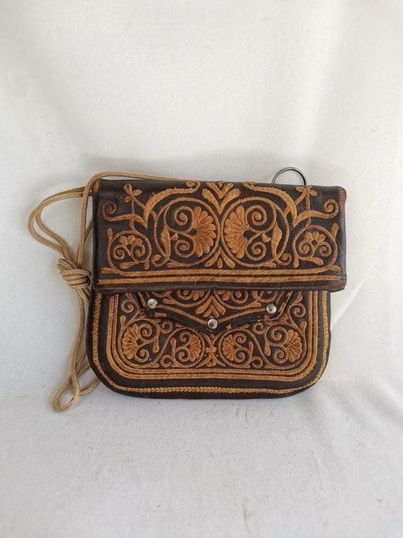 Antique Moroccan leather bag with embroidery 1940s