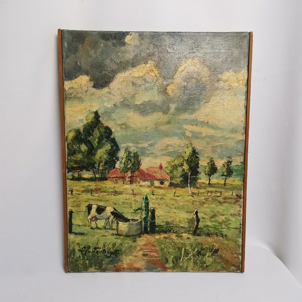 paysage de peinture à l’huile originale vintage avec vache des années 1960 Huile sur toile | Pâturage avec vache et pompe à eau | Paysage de polders joyeux