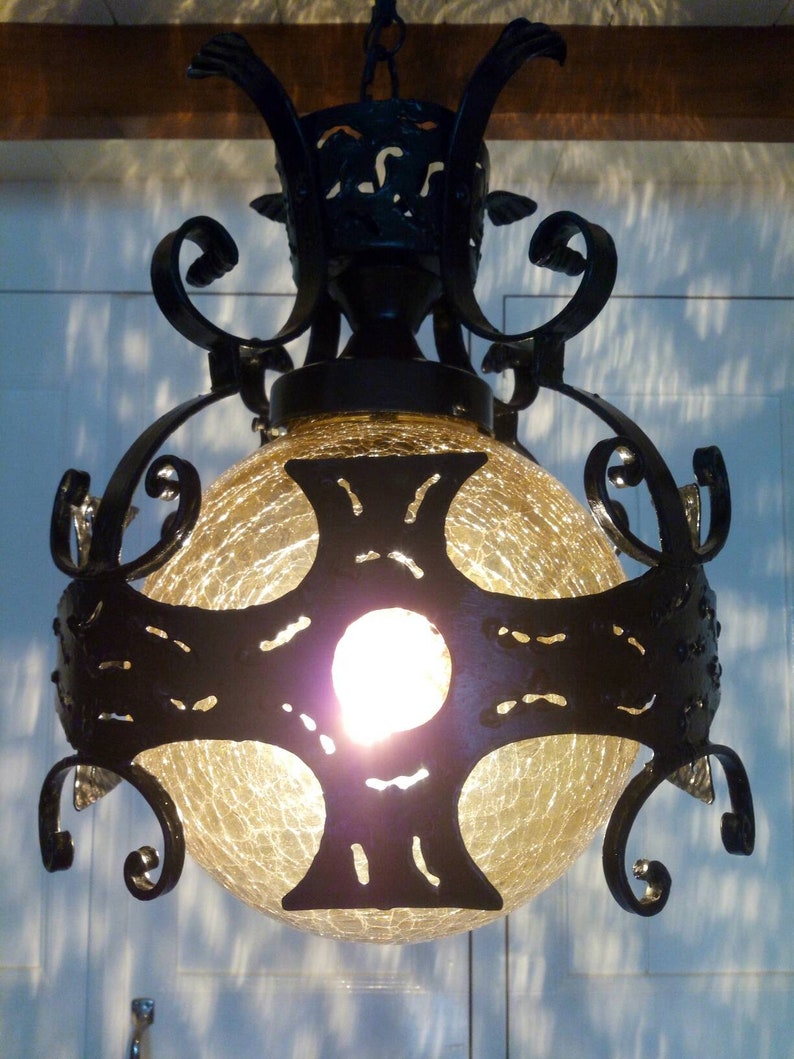 Large Vintage Black Wrought Iron Hanging Lamp With Yellow - Etsy