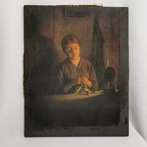 Craie originale antique de portrait dessinant la jeune femme à coudre Daniel Lewenstein craie des années 1910 sur papier | Dessin ancien de portrait de femme