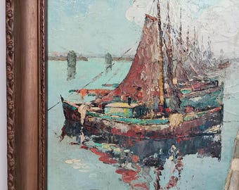 港に停泊する漁船を描いたアンティークのオリジナル絵画（額入り）1920
