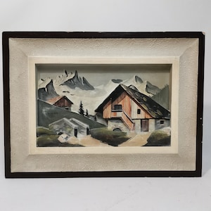 vintage original peinture 3D vue du village maisons dans les montagnes dans le cadre huile des années 1960 sur panneau | Diorama peinture souvenir d'Autriche