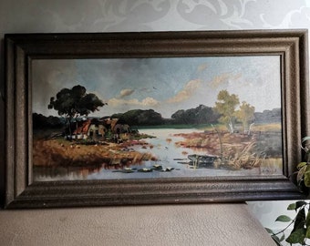 Groot antiek origineel olieverf schilderij landschap met boerderij aan het water gesigneerd A v M 1920s olie op doek in lijst