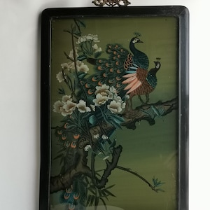 アンティークの中国製オリジナル裏面塗装済み絵画、黒漆塗りのフレーム