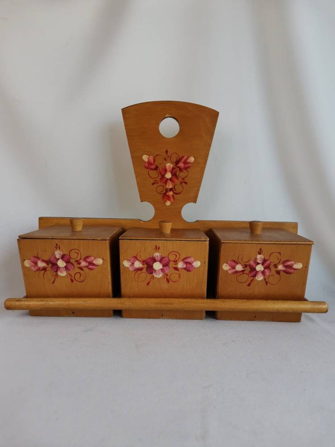 Vintage Russian Rack Cabinet With Wooden Storage Jars With Hand-painted ...