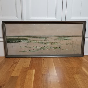 Paesaggio originale antico con canne d'acqua e ninfee Kircher in cornice grigia anni '30 tecnica mista su carta | Vista lago antica