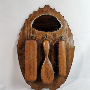 Antique oak hall mirror with 3 brushes 1910s Art deco small mirror for hall or corridor | Wooden wall mirror with clothes brushes