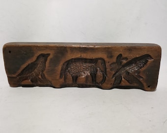 Antique confectionery board with birds and elephant 19th century Carved wood panel animals Wood carving folk art mold confectionery animals